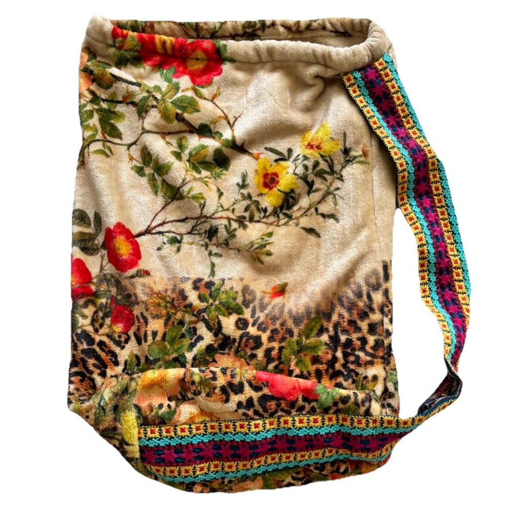 JOHNNY WAS Floral and Leopard Print Bag with Multicolor Strap Boho Trendy - Picture 6 of 6